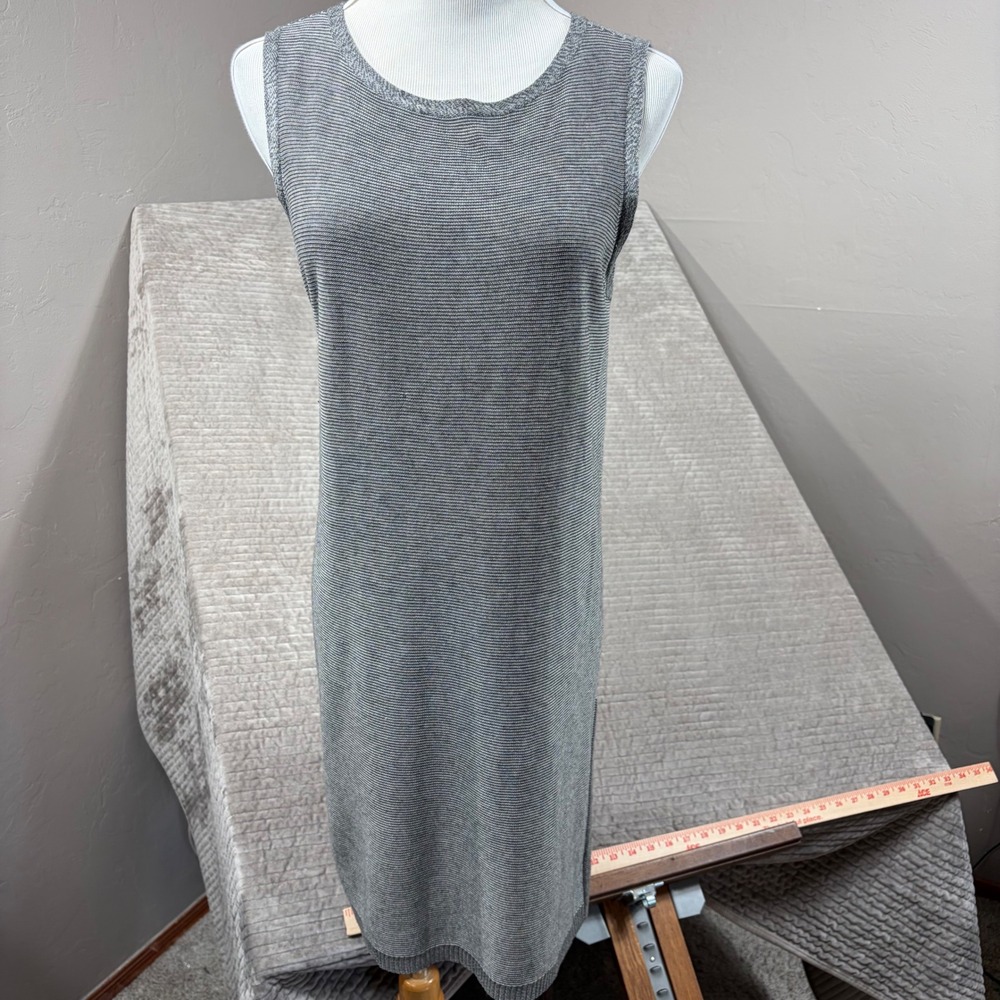 Eileen Fisher Gray White Striped Tencel Merino Wool Sleeveless Tunic Dress Small